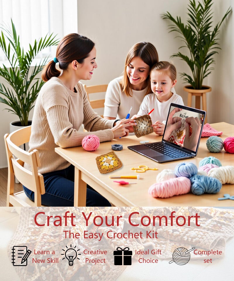 Kitcroet Crochet Kit, Complete Starter Kit for Beginners, Large Granny Squares Blanket with Video & Writtern Instructions, Easy to Learn Crochet Kit - Image 3