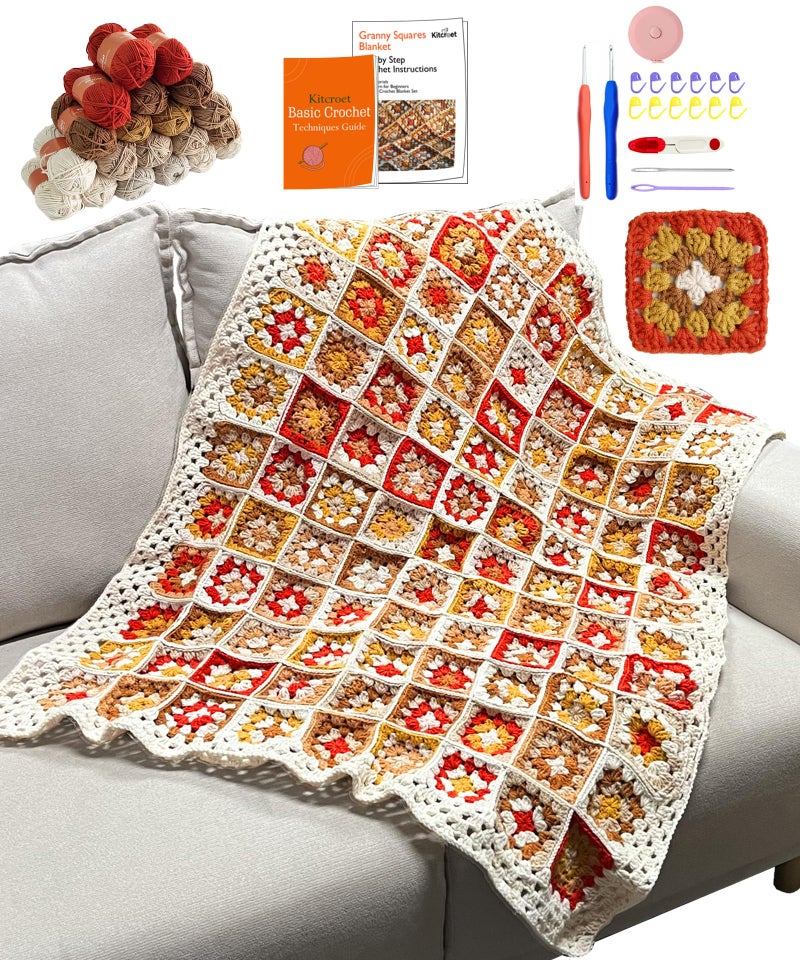 Kitcroet Crochet Kit, Complete Starter Kit for Beginners, Large Granny Squares Blanket with Video & Writtern Instructions, Easy to Learn Crochet Kit - Image 1