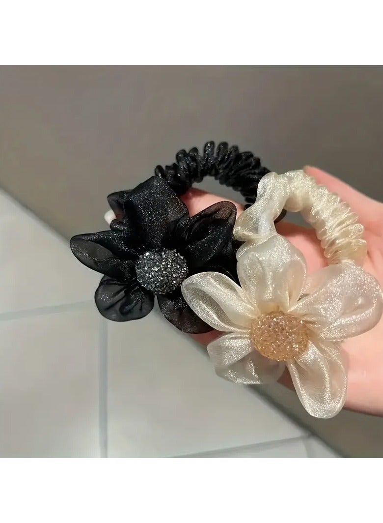 Goolsky 2Pcs New Spring and Summer Light Luxury Water Diamond Sun Flower Beads High-end Fabric Hair Ring Head Rope Hair Rope Elegant Temperament Braided Ponytail Hair Ring Hair Rope Hair Accessories Headwear for Women - Image 3