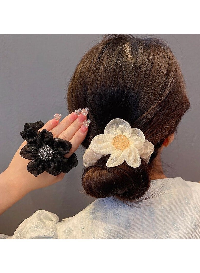 Goolsky 2Pcs New Spring and Summer Light Luxury Water Diamond Sun Flower Beads High-end Fabric Hair Ring Head Rope Hair Rope Elegant Temperament Braided Ponytail Hair Ring Hair Rope Hair Accessories Headwear for Women - Image 2