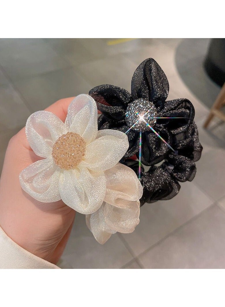 Goolsky 2Pcs New Spring and Summer Light Luxury Water Diamond Sun Flower Beads High-end Fabric Hair Ring Head Rope Hair Rope Elegant Temperament Braided Ponytail Hair Ring Hair Rope Hair Accessories Headwear for Women - Image 1