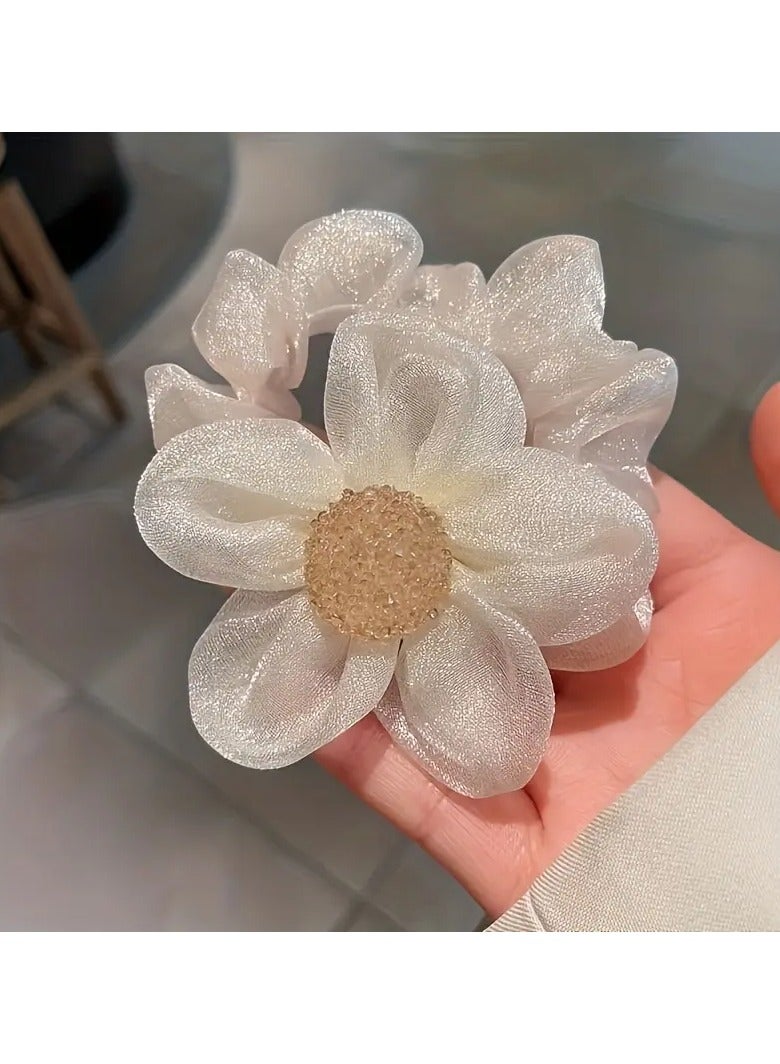 Goolsky 2Pcs New Spring and Summer Light Luxury Water Diamond Sun Flower Beads High-end Fabric Hair Ring Head Rope Hair Rope Elegant Temperament Braided Ponytail Hair Ring Hair Rope Hair Accessories Headwear for Women - Image 5