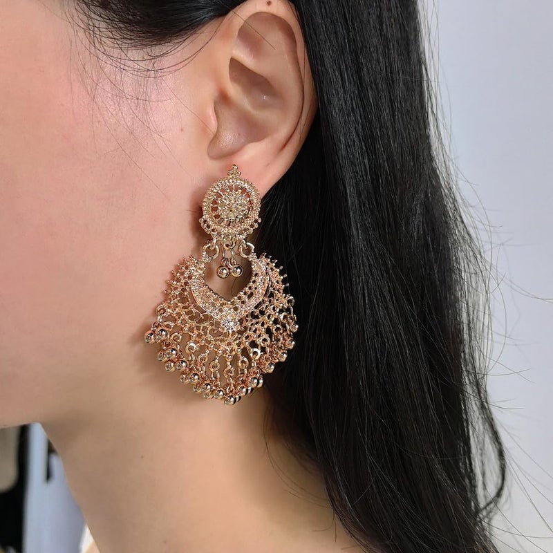 Dtja Boho Ball Tassel Statement Dangle Earrings for Women Girls Vintage Flower Heart Shaped Beaded Chandelier Drop Dangling Earring Indian Jewelry Gifts for Jhumka Festival Holiday Christmas (Light Gold-Tone) - Image 3