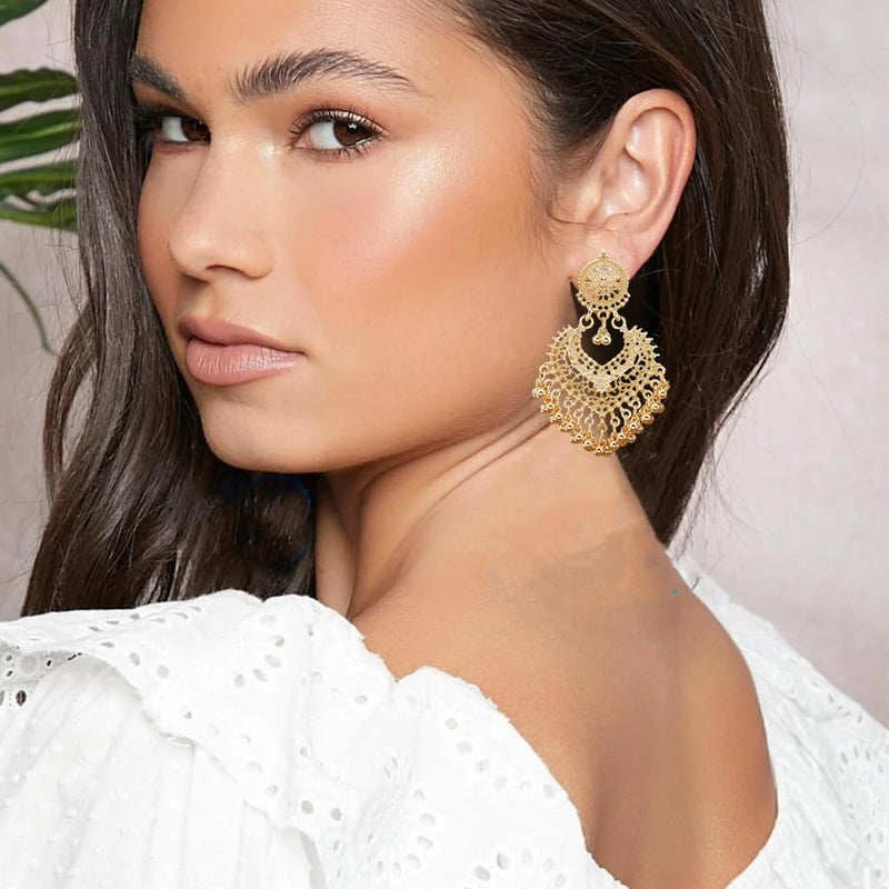 Dtja Boho Ball Tassel Statement Dangle Earrings for Women Girls Vintage Flower Heart Shaped Beaded Chandelier Drop Dangling Earring Indian Jewelry Gifts for Jhumka Festival Holiday Christmas (Light Gold-Tone) - Image 2