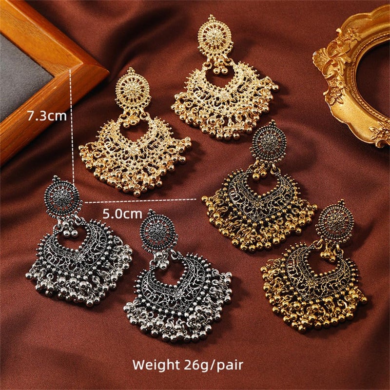 Dtja Boho Ball Tassel Statement Dangle Earrings for Women Girls Vintage Flower Heart Shaped Beaded Chandelier Drop Dangling Earring Indian Jewelry Gifts for Jhumka Festival Holiday Christmas (Light Gold-Tone) - Image 5