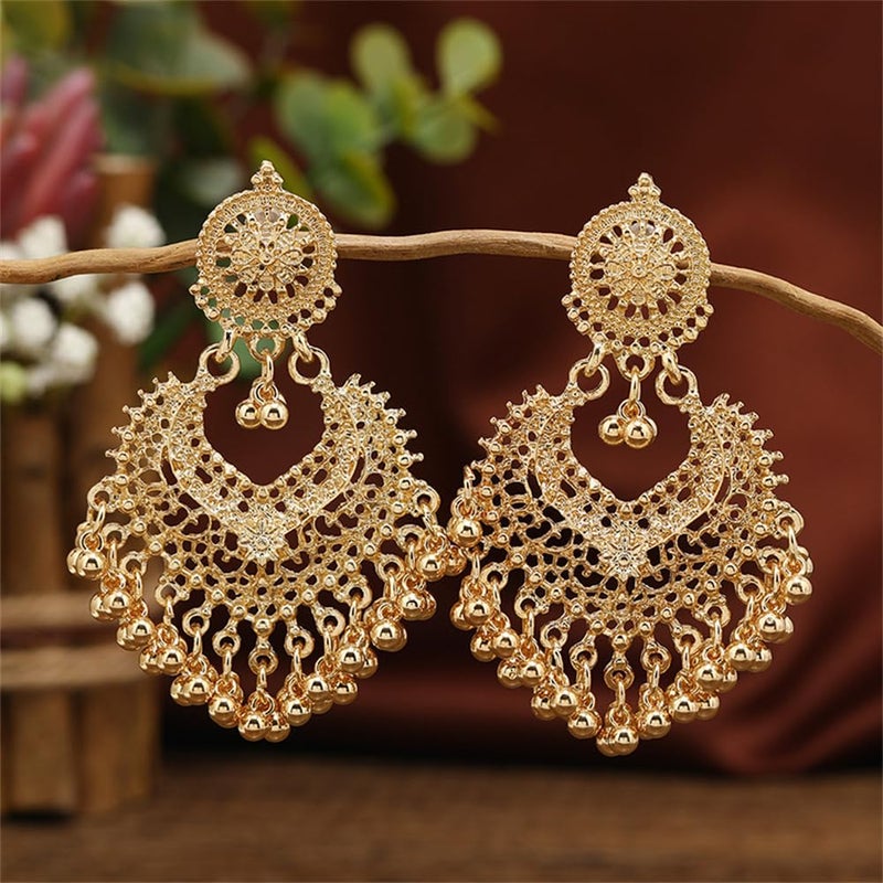 Dtja Boho Ball Tassel Statement Dangle Earrings for Women Girls Vintage Flower Heart Shaped Beaded Chandelier Drop Dangling Earring Indian Jewelry Gifts for Jhumka Festival Holiday Christmas (Light Gold-Tone) - Image 4