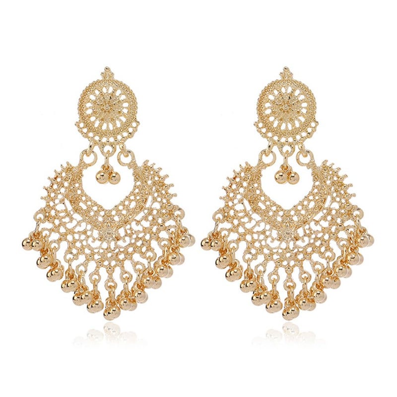 Dtja Boho Ball Tassel Statement Dangle Earrings for Women Girls Vintage Flower Heart Shaped Beaded Chandelier Drop Dangling Earring Indian Jewelry Gifts for Jhumka Festival Holiday Christmas (Light Gold-Tone) - Image 1