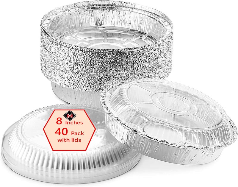 Mr. Miracle Pack of 40 Disposable Aluminum Foil Pans with Clear Lids –8 Inch Circular Aluminum Pans, Ideal for Baking, Storing, Heating, Serving - Round Foil Pans with Lids - Image 1