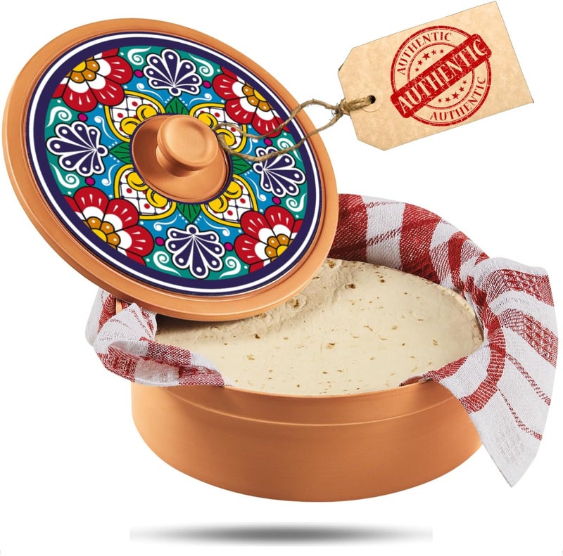 woobud Authentic Terracotta Tortilla Warmer w Decorative Lid, Mexican Terra Cotta Tortilla Holder w Warmer Cloth, Traditional Clay Tortillas Container Heater & Tortillero, Talavera - Image 1