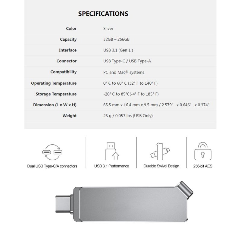 USB Drive 128GB Type C Dual Connector Swivel Metal Design - High-Speed USB 3.1 Portable Storage with 256-bit AES Encryption for Smartphones Tablets Laptops - Image 4