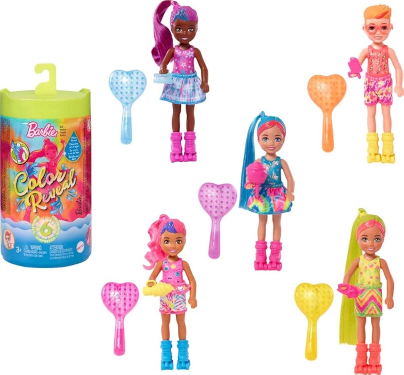Monster Barbie Color Reveal Small Doll & Accessories, Neon Tie-Dye Series, 6 Surprises, 1 Chelsea Doll (Styles May Vary)