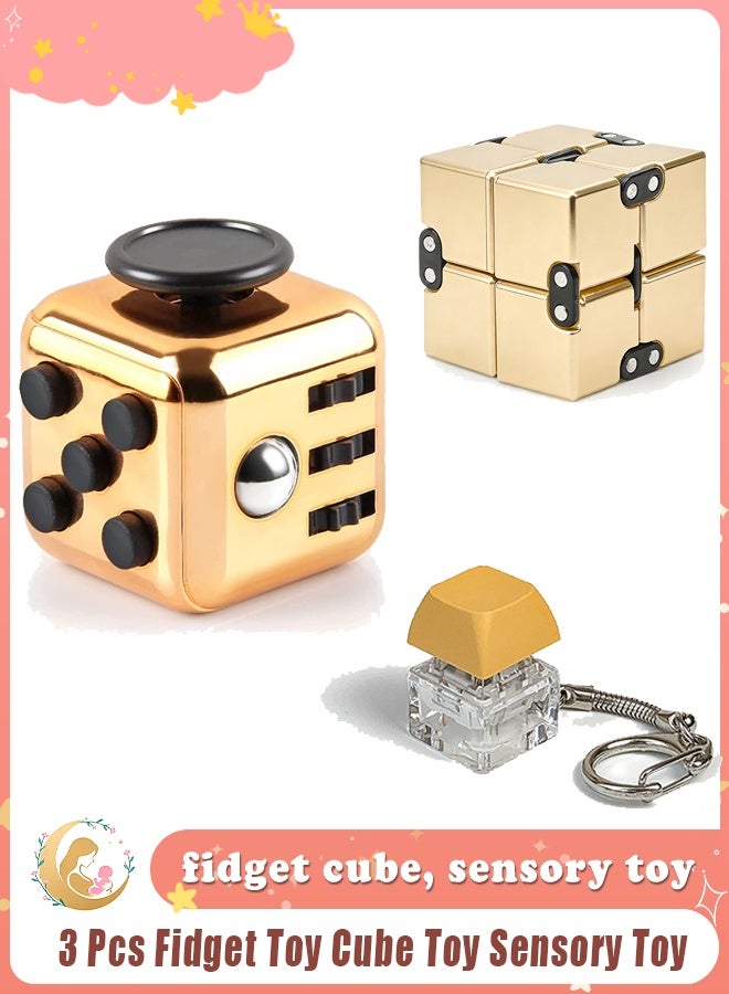 بيبلوسوم 3 pcs fidget toy cube set – sensory fidget pad, infinity cube stress reducer, anxiety relief toy for children and adults, portable finger toy for office, school, and relaxation (gold) - Image 1