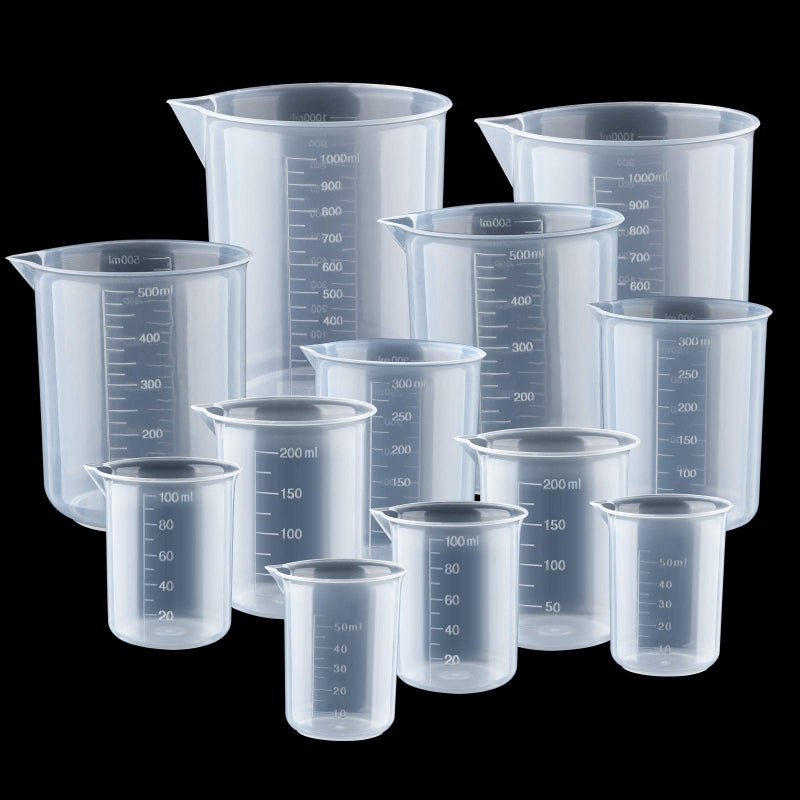 Coopay 12 PCS Plastic Beakers Plastic Graduated Cups Clear Multipurpose Epoxy Mixing Measuring Cup Liquid Container Beaker in 50ml100ml200ml300ml500ml1000ml for Resin Epoxy Mixing Paint