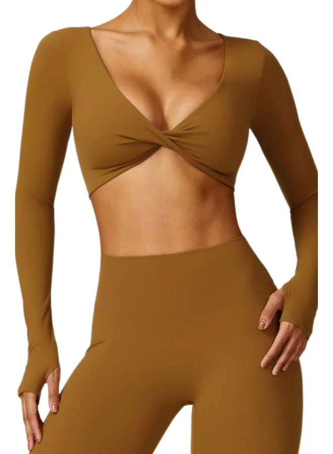 KAWN.YOGA Womens Crop Top Shirt Long Sleeves - Padded Low Impact Workout Yoga Shirt with Removable Built in Bra