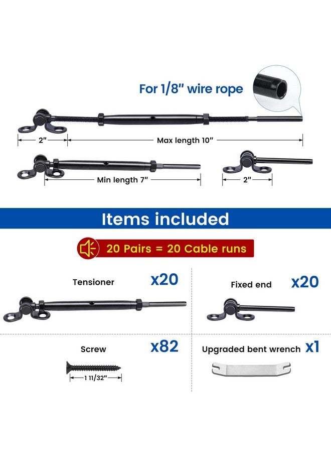 Muzata 20 Pairs 1/8" Black Cable Railing Hardware Kit Swage Toggle Turnbuckle for Wood Post T316 Stainless Steel Deck Cable Railing System Angle 180° Adjustable Stairs 40 Pack CK07 - Image 1