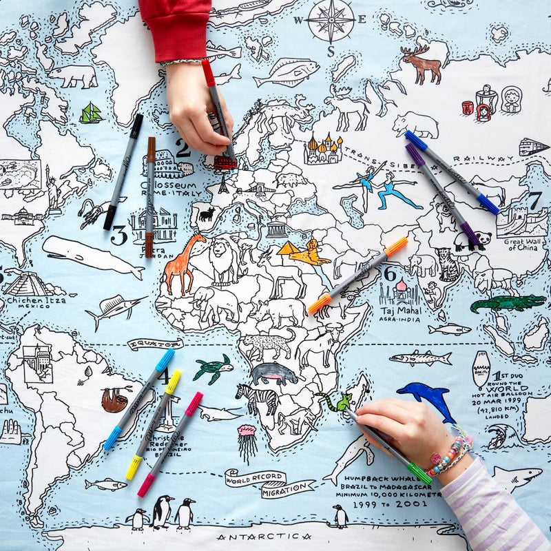 eatsleepdoodle World Map Kids Coloring Tablecloth  Color Your Own Map of The World  Educational Geography Learning Activity for Children with Washable Felt Tip Fabric Markers  50x33in