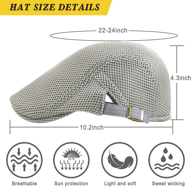 Xinveen Men's Mesh Cap Breathable Summer Newsboy Hat Adjustable Beret Ivy Cap Irish Cabbie Driving Hunting Hats Light Gray - Image 4