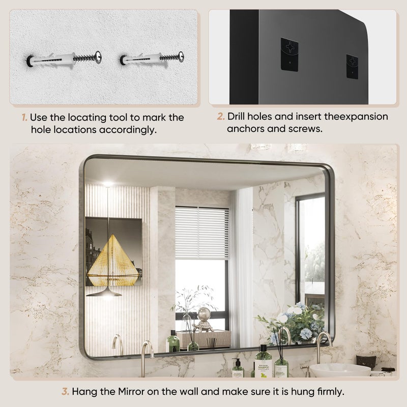DUMOS Black Vanity Bathroom Mirror for Wall, Metal Framed Rounded Rectangular Modern Mirrors for Over Sink, 30x40 Inch for Farmhouse, Tempered Glass, Hangs Horizontally or Vertically - Image 2