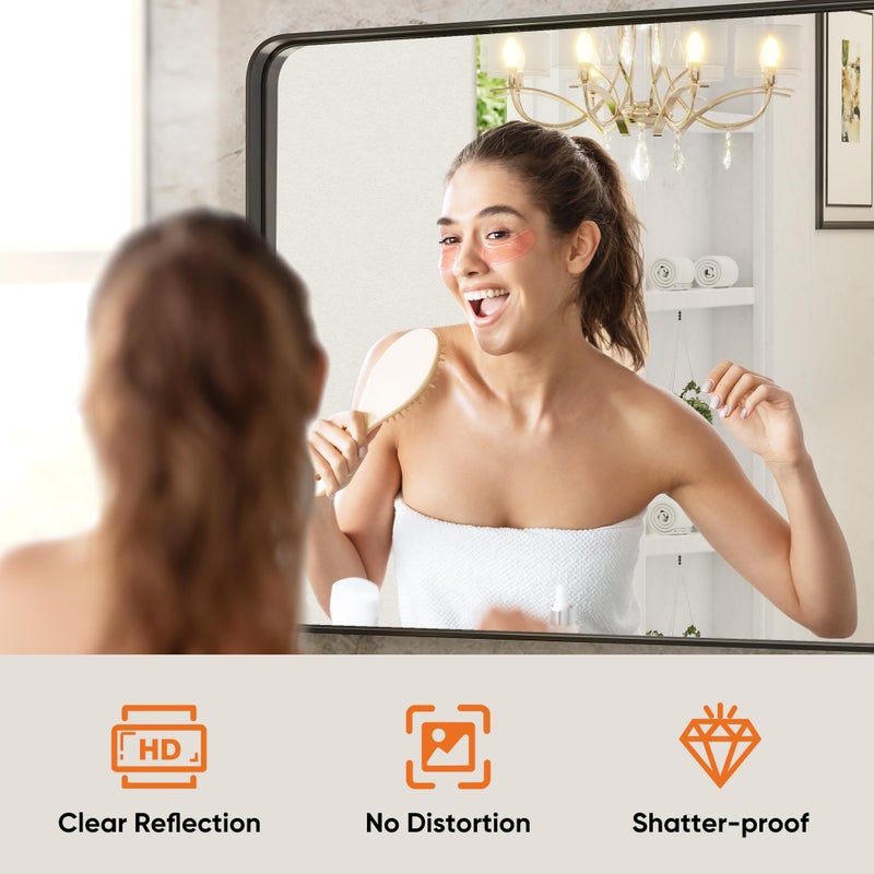 DUMOS Black Vanity Bathroom Mirror for Wall, Metal Framed Rounded Rectangular Modern Mirrors for Over Sink, 30x40 Inch for Farmhouse, Tempered Glass, Hangs Horizontally or Vertically - Image 3