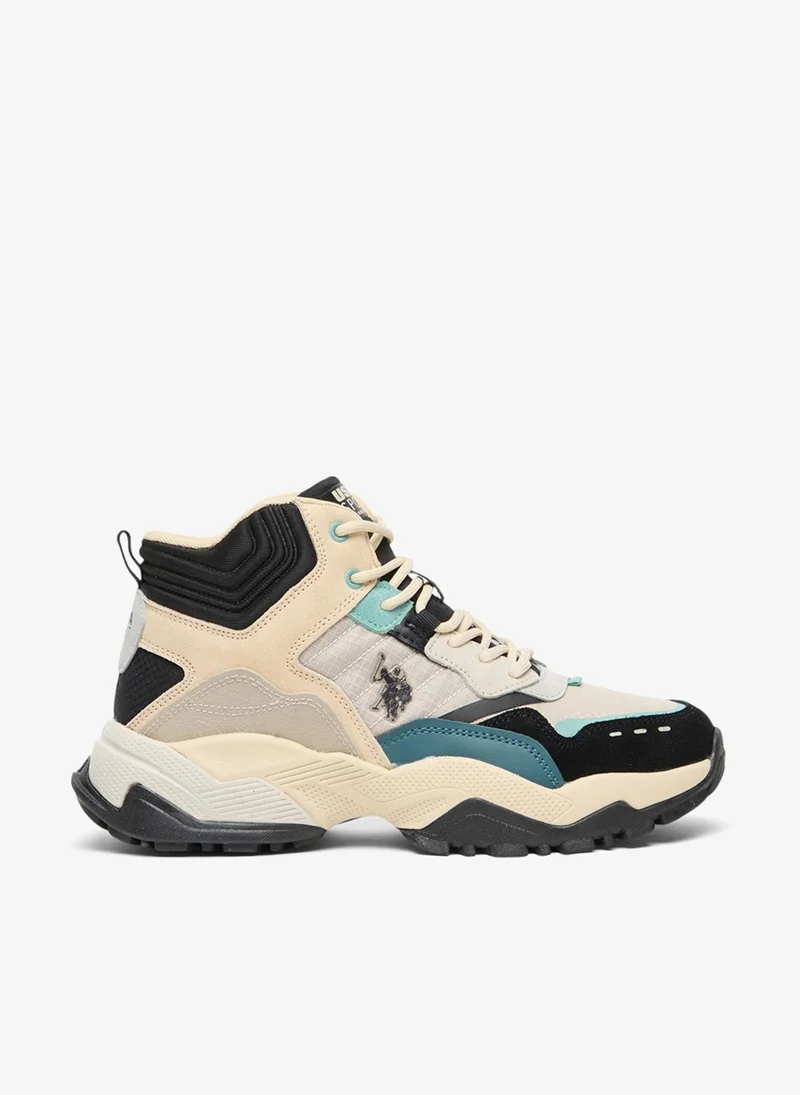 Women's Beige High-Top Sneakers - Rugged Style with Durable Sole Shoes and Multi-Color Accents for Outdoor Wear