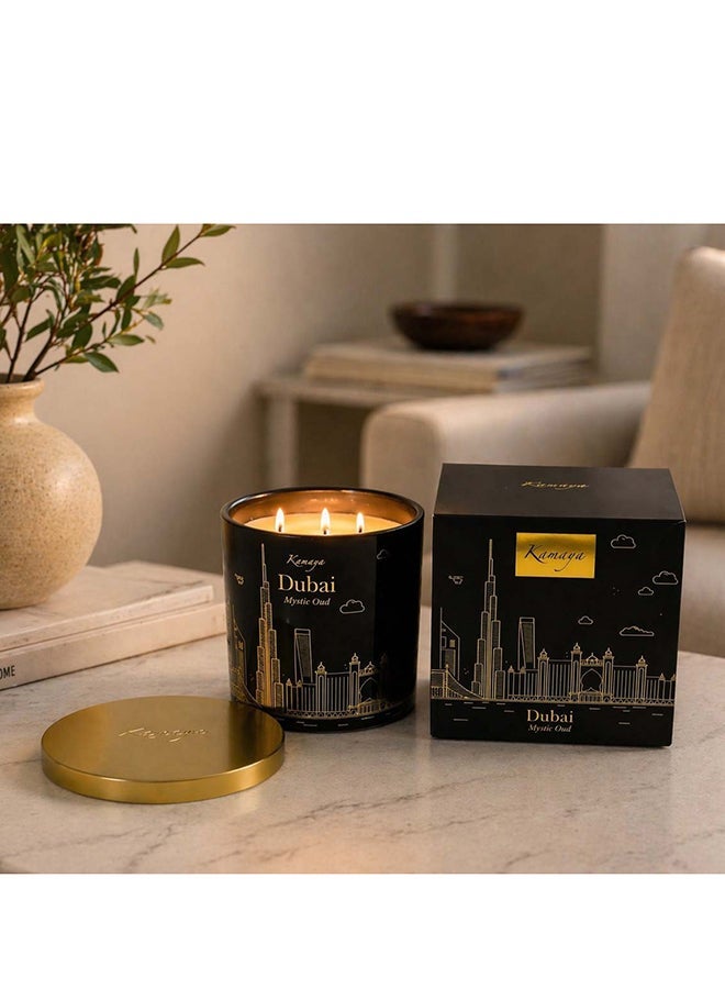 KAMAYA Skyline Collection Dubai Mystic Oud Scented Candle | 3 wick 400gms Scented Candle | DUBAI Skyline Glass Jar With Gold Lid - Image 1