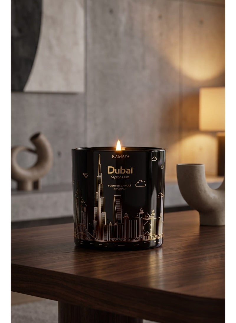 KAMAYA Skyline Collection Dubai Mystic Oud Scented Candle | 3 wick 400gms Scented Candle | DUBAI Skyline Glass Jar With Gold Lid - Image 1
