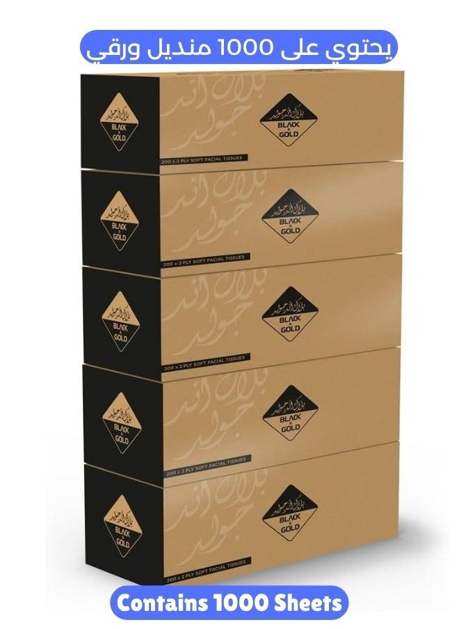NICE Touch - 2 Ply Facial Tissue 1000 Sheets, 5 Packs of 200 Sheets - Black & Gold Boxes Contains 1000 Premium 2 Ply Tissues - Image 1