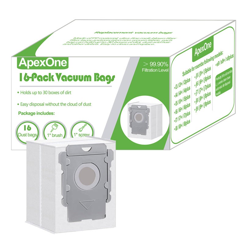 أكياس فراغ ApexOne 16 عبوة لجهاز iRobot Roomba Clean Base i7 i7 i8 i8 i3 i3 i4 i4 i5 i5 i6 i6 j5 j5 j6 j6 j7 j7 j8 j8 s9 s9 j9 j9 للتخلص التلقائي من الأوساخ