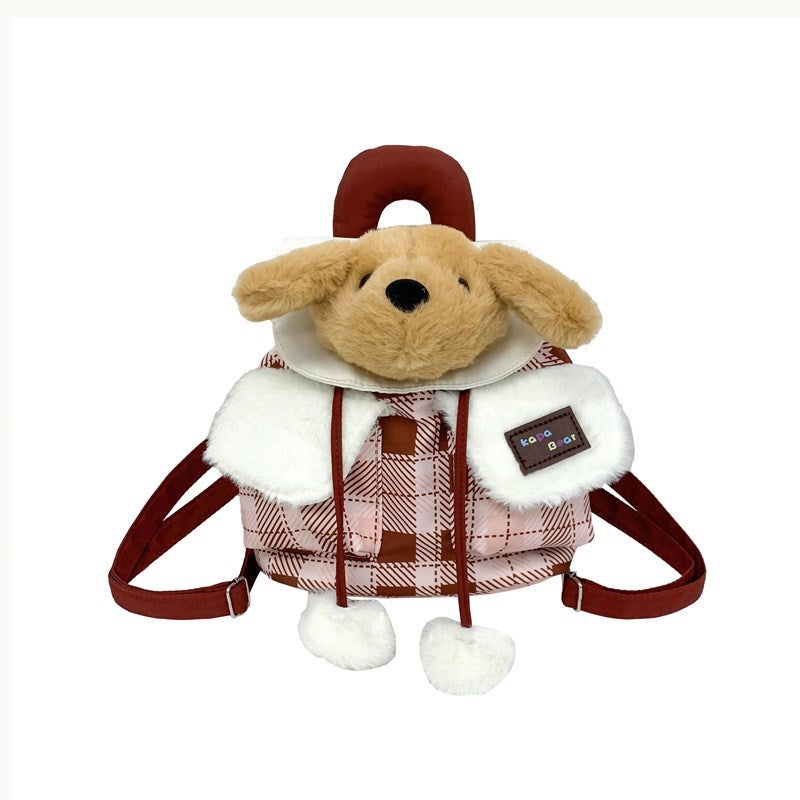 Cute Plush Puppy Head Flap Mini Backpack Cartoon Plaid for Girls - Image 5