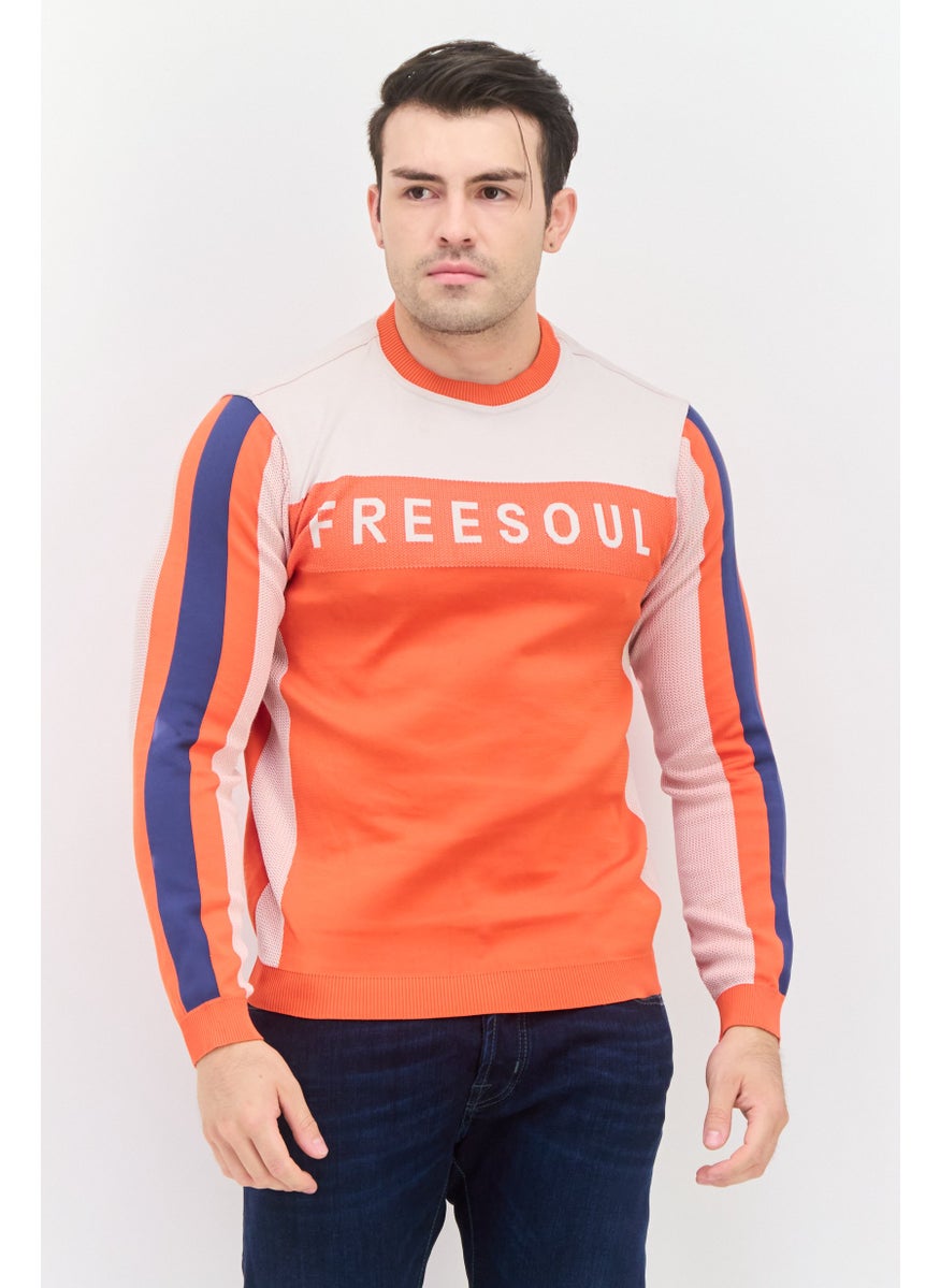 Free Soul Men Crew Neck Long Sleeves Brand Logo Sweatshirts, Orange  - Image 1