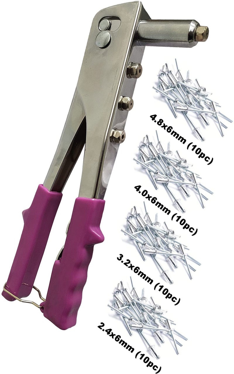 Inditrust Chrome Body Non Slip 10" Rivet Gun, Riveter Nail Gun, Pop Riveter with 40 Nose Pieces (3/32"; 1/8"; 5/32"; 3/16") - Image 1