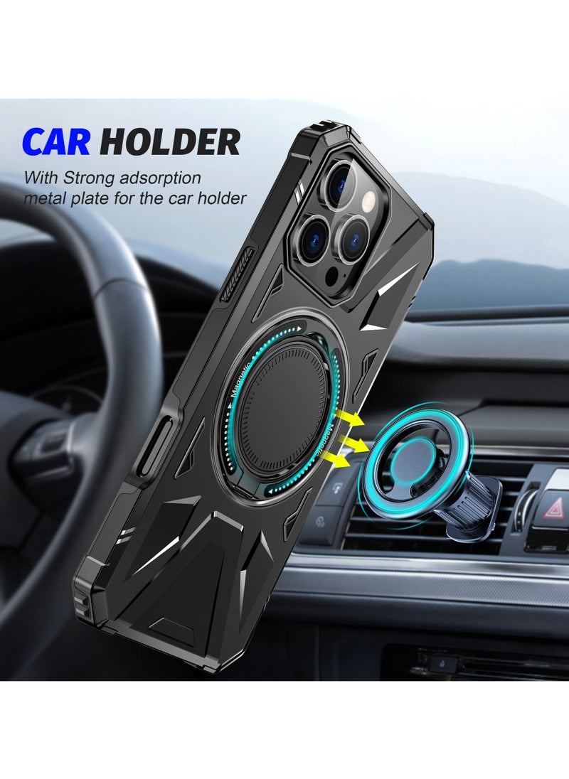 ICARLUS - For iPhone 16 Pro Max Magnetic Case TPU+PC Phone Cover with Rotary Ring Kickstand - Black - Image 1