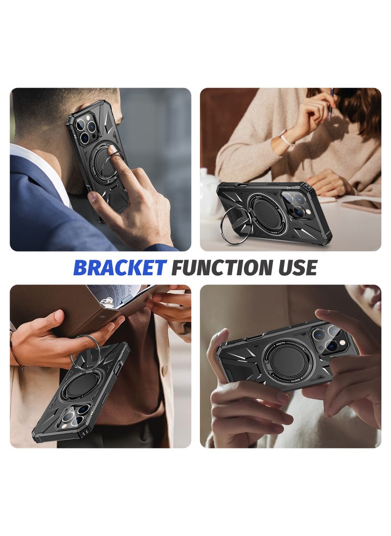 ICARLUS - For iPhone 16 Pro Max Magnetic Case TPU+PC Phone Cover with Rotary Ring Kickstand - Black - Image 1