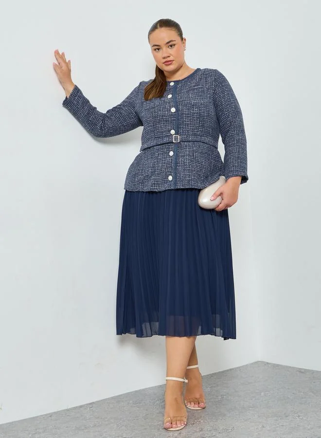 Styli Plus Size Navy Blue Long Sleeves A-Line Midi Dress