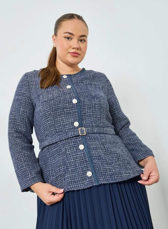 Styli Plus Size Navy Blue Long Sleeves A-Line Midi Dress