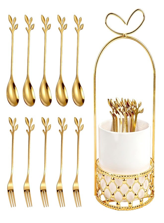 Lainballow Gold Coffee Spoon Holder, Stainless Steel Coffee Spoons Set with White Ceramic Holder, 5 Gold Leaf Dessert Spoons, 5 Mini Forks, Decorative Espresso Spoons & Forks Set for Coffee Fruit Cake - Image 1