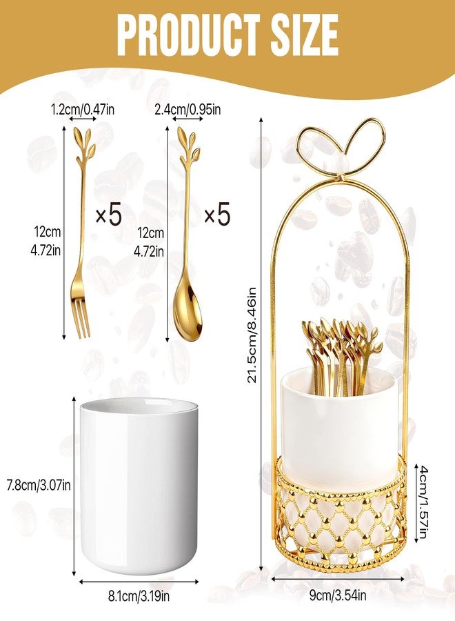 Lainballow Gold Coffee Spoon Holder, Stainless Steel Coffee Spoons Set with White Ceramic Holder, 5 Gold Leaf Dessert Spoons, 5 Mini Forks, Decorative Espresso Spoons & Forks Set for Coffee Fruit Cake - Image 2