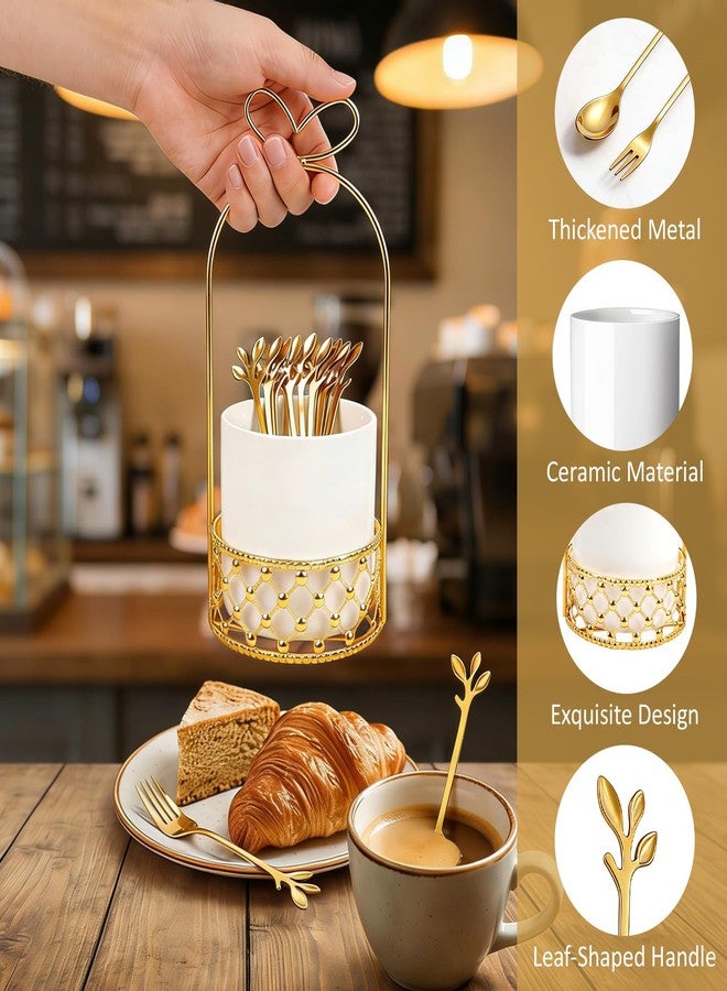 Lainballow Gold Coffee Spoon Holder, Stainless Steel Coffee Spoons Set with White Ceramic Holder, 5 Gold Leaf Dessert Spoons, 5 Mini Forks, Decorative Espresso Spoons & Forks Set for Coffee Fruit Cake - Image 3