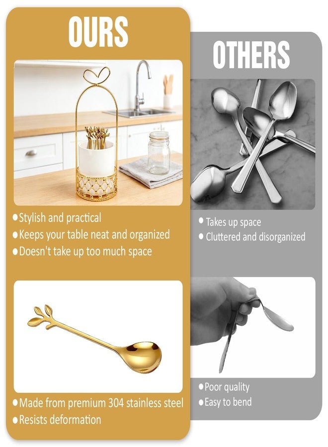 Lainballow Gold Coffee Spoon Holder, Stainless Steel Coffee Spoons Set with White Ceramic Holder, 5 Gold Leaf Dessert Spoons, 5 Mini Forks, Decorative Espresso Spoons & Forks Set for Coffee Fruit Cake - Image 5
