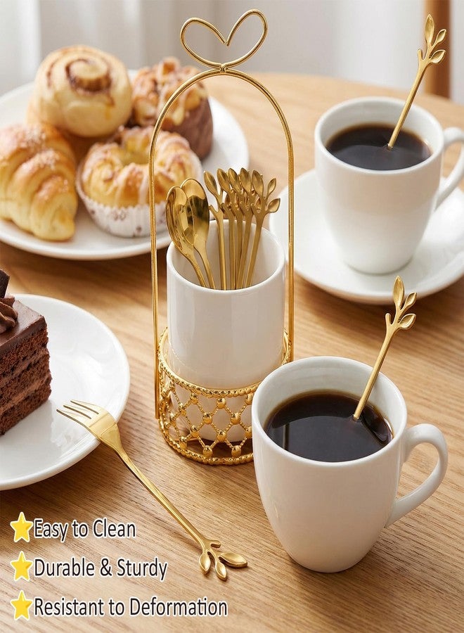 Lainballow Gold Coffee Spoon Holder, Stainless Steel Coffee Spoons Set with White Ceramic Holder, 5 Gold Leaf Dessert Spoons, 5 Mini Forks, Decorative Espresso Spoons & Forks Set for Coffee Fruit Cake - Image 4