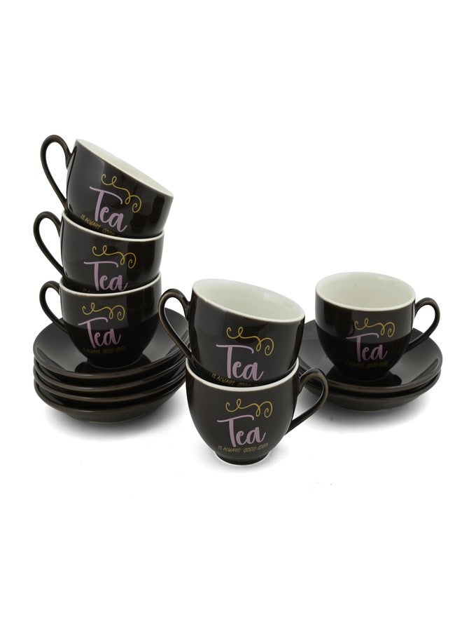 Hitkari Colors Porcelain Cup & Saucer Set | 12 Piece Tea Coffee Set (220ml) with 6 Cups & 6 Saucers | Elegant Glossy Finish | Microwave & Dishwasher Safe (CS3 - Dark Brown) - Image 1