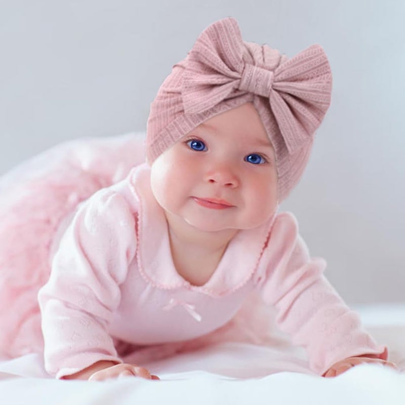 Cinaci 4 Pieces Soft Stretchy Nursery Hospital Caps Bonnets Beanies Headwraps Turban Hats with Bow for Baby Girls Newborns Infants Toddlers - Image 5