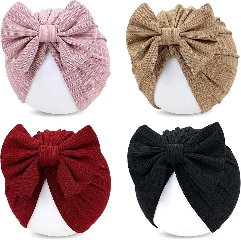 Cinaci 4 Pieces Soft Stretchy Nursery Hospital Caps Bonnets Beanies Headwraps Turban Hats with Bow for Baby Girls Newborns Infants Toddlers - Image 1