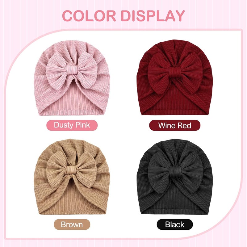Cinaci 4 Pieces Soft Stretchy Nursery Hospital Caps Bonnets Beanies Headwraps Turban Hats with Bow for Baby Girls Newborns Infants Toddlers - Image 4