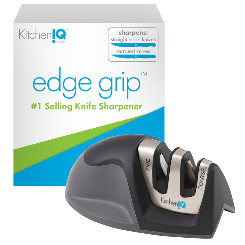 KitchenIQ KitchenIQ 50009 Edge Grip 2Stage Knife Sharpener Black Coarse  Fine Sharpeners Compact for Easy Storage Stable NonSlip Base Soft Grip Rubber Handle Straight  Serrated Knives 