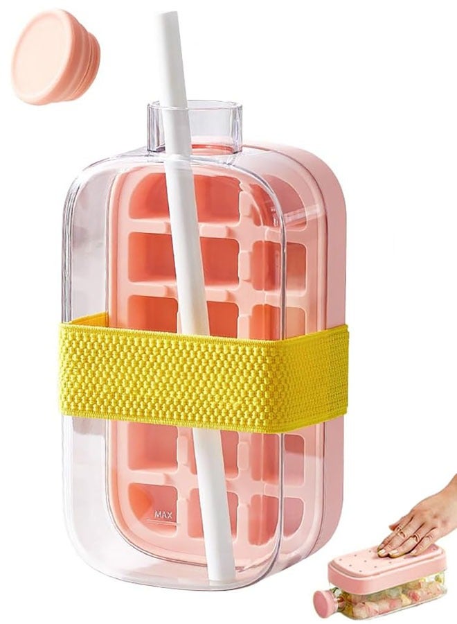 Ice Cube Bottle,  2 in 1 Ice Cube Tray Water Bottle with Lid and Bin, Ice Cube Making Bottle, Easy Press to Release Silicone Ice Cube Tray for Juice Beverages Coffee (Pink , 800 ML)  - Image 1
