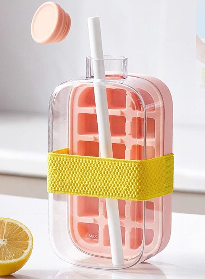 Ice Cube Bottle,  2 in 1 Ice Cube Tray Water Bottle with Lid and Bin, Ice Cube Making Bottle, Easy Press to Release Silicone Ice Cube Tray for Juice Beverages Coffee (Pink , 800 ML)  - Image 2