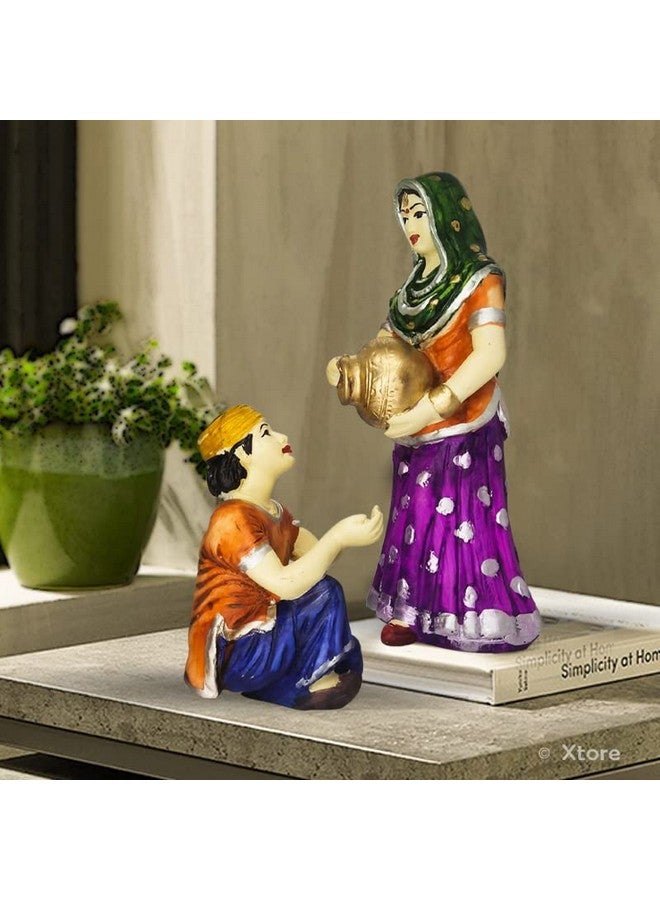 اكستور تمثال نسائي من قرية إكستور مع وعاء ماء، قطعة ديكورية رائعة لديكور المنزل | مصنوع يدويًا ومطلي يدويًا (عبوة من قطعتين، متعدد الألوان) - Image 3