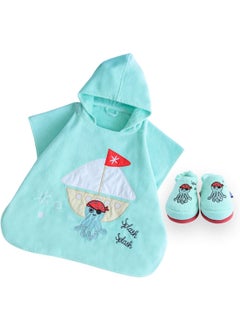 Milk&Moo Milk&Moo Kids Poncho and House Slippers Set Sailor Octopus, Ultra Soft and Absorbent Fabric, %100 Cotton, Fun Animal Design, Suitable for 4-6 Year Old Children, Blue  - Image 1