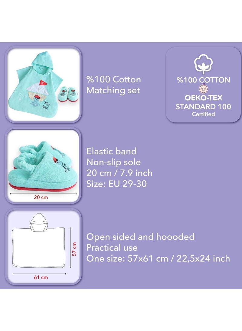 Milk&Moo Milk&Moo Kids Poncho and House Slippers Set Sailor Octopus, Ultra Soft and Absorbent Fabric, %100 Cotton, Fun Animal Design, Suitable for 4-6 Year Old Children, Blue  - Image 4
